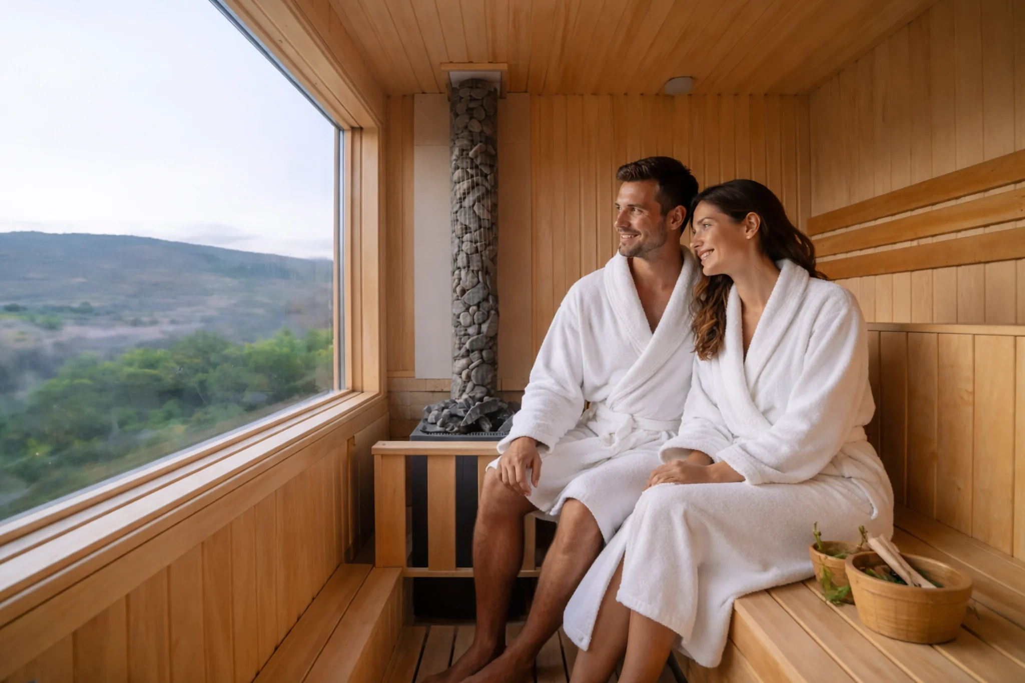 Couple relaxing in the panoramic sauna at Aprie Boutique Hotel in Byurakan, Armenia with mountain view